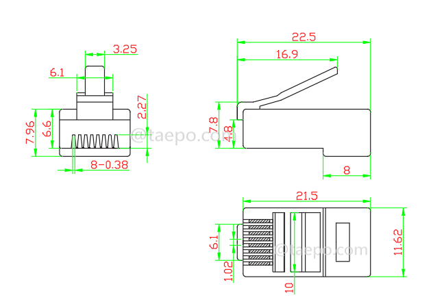Dibujo para conector modular, CAT5E, RJ45, 8P8C, UTP