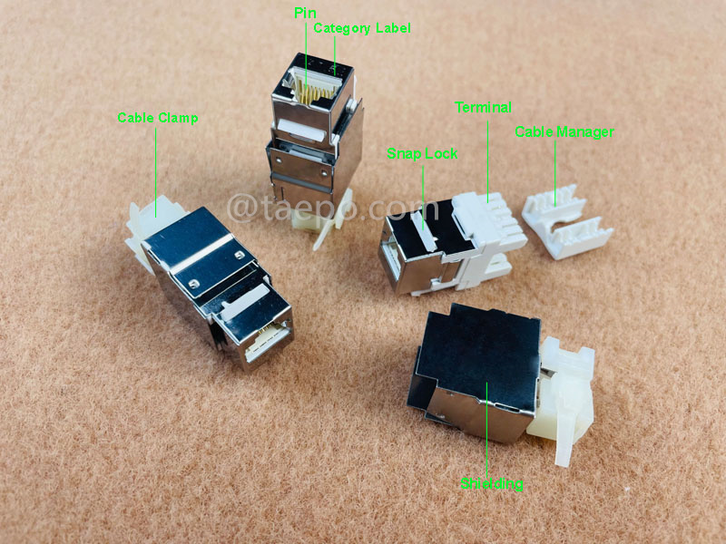 Imágenes ilustrativas del Keystone jack, CAT5E, STP, 8P8C, 180 grados, estilo AP