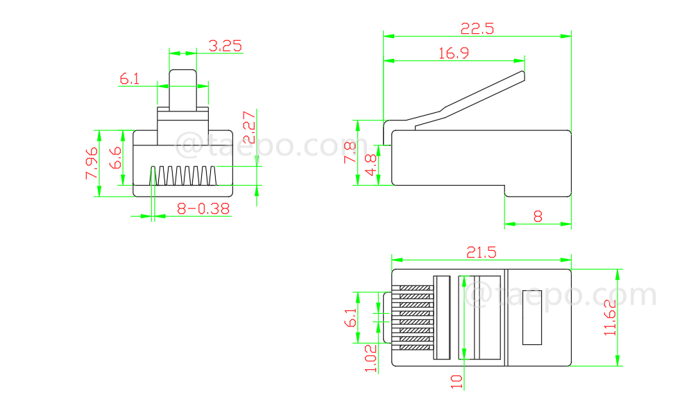 Dibujo para Enchufe modular, CAT6A, RJ45, 8P8C, UTP