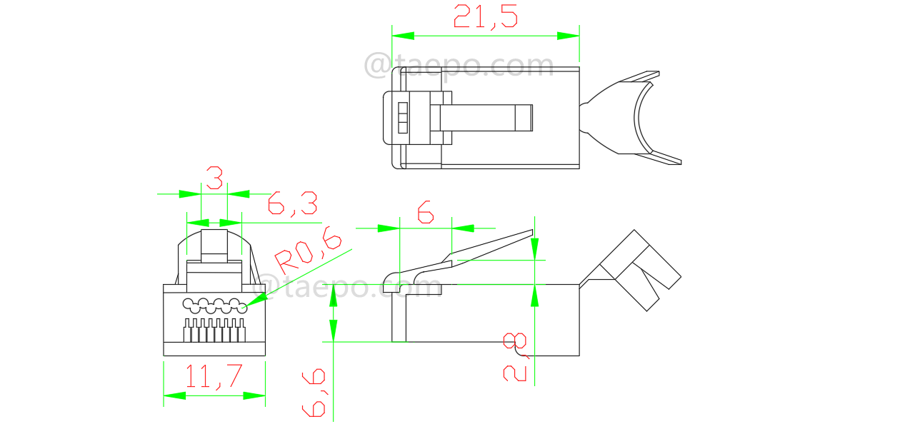 Dibujo para Enchufe modular, CAT7, RJ45, 8P8C, STP