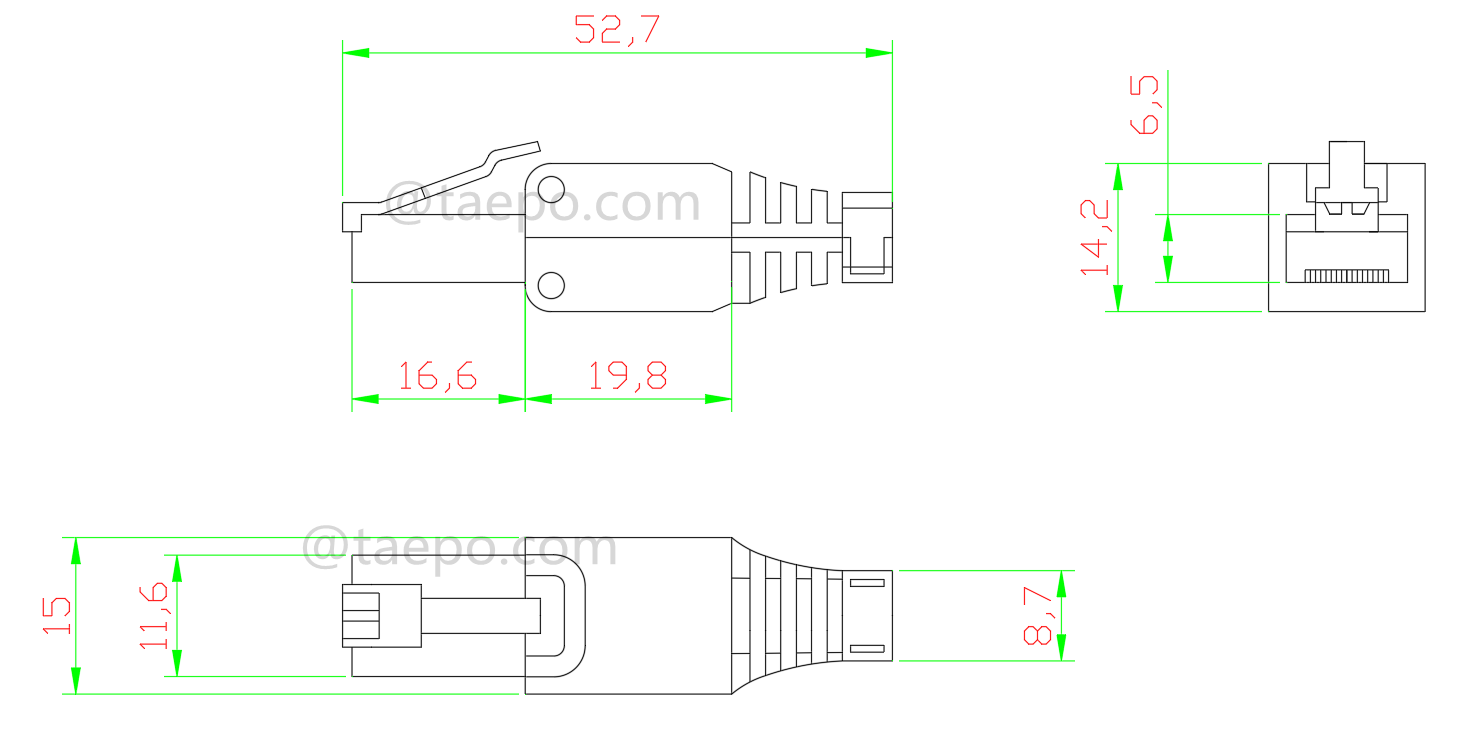 Dibujo para Enchufe modular, CAT5E, RJ45, 8P8C, UTP, sin herramientas