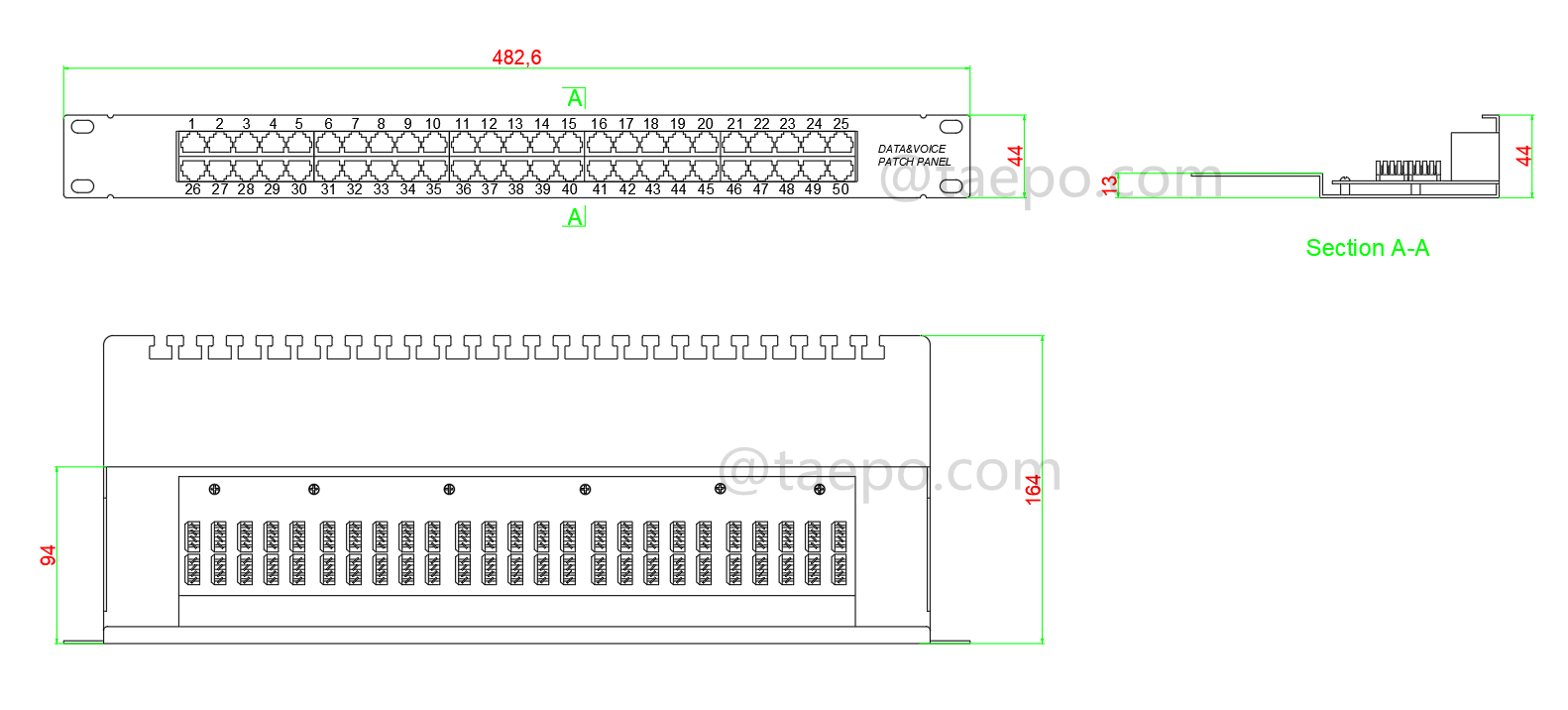 Dibujo del panel de conexión de 50 puertos, CAT3, RJ45, UTP, 19
