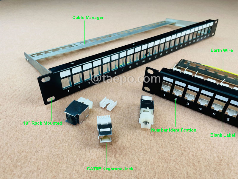 Imágenes ilustrativas del panel de conexión de 24 puertos, CAT6, RJ45, STP, 19