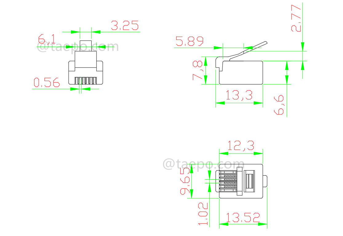 Dibujo para conector modular, CAT3, 6P4C, UTP