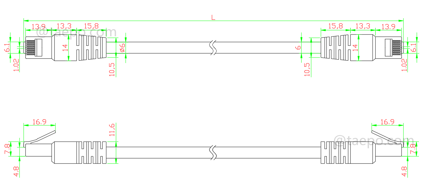 Dibujo para cable de parcheo LAN, CAT6, UTP, RJ45-RJ45, 1m