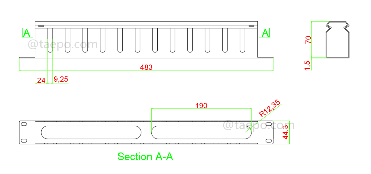 Dibujo del gestor de cables metálico, 13 dedos, 1U