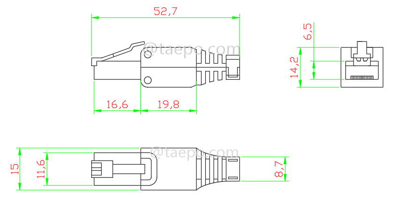 Dibujo para Enchufe modular, CAT6, RJ45, 8P8C, UTP, sin herramientas