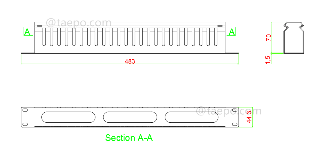 Dibujo del gestor de cables metálico, 24 dedos, 1U