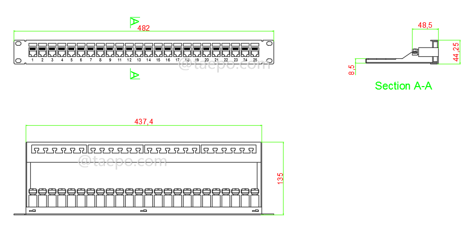 Dibujo para panel de parcheo de 24 puertos, CAT5E, RJ45, STP, 19