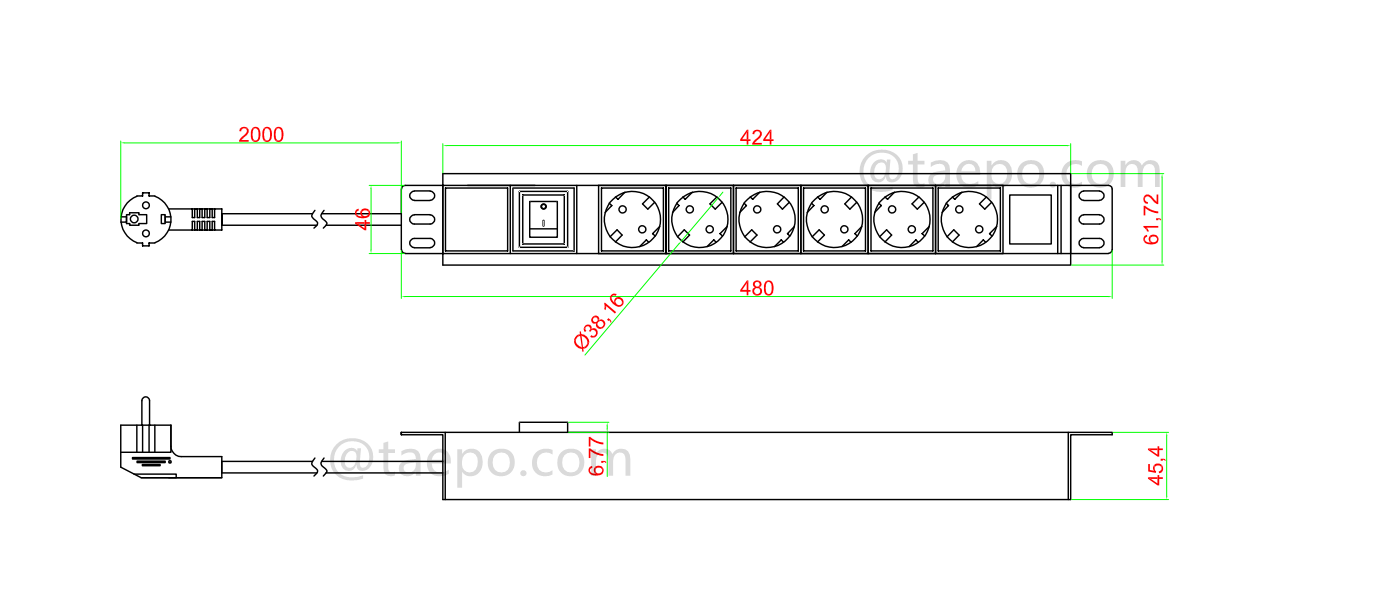 Dibujo para PDU, estándar alemán, 16A 250VAC, 6 salidas, 1.5U, con interruptor principal