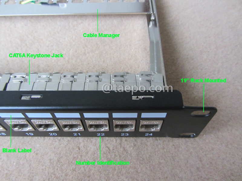 Imágenes ilustrativas del panel de conexión de 24 puertos, CAT6A, RJ45, STP, 19