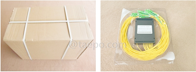 Imágenes del empaque del divisor de fibra óptica, PLC, carcasa de plástico, 1x8, con conector SC/APC