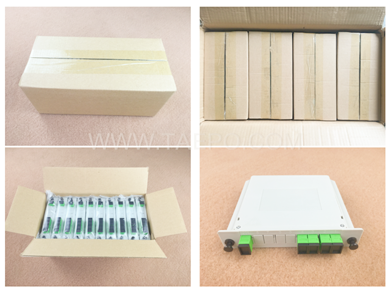Imágenes de embalaje del divisor de fibra óptica, PLC, tipo casete, G657A, 1x4, tubo holgado de 0,9 mm, con conector SC/APC, adaptador