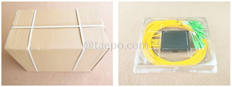 Imágenes de embalaje del divisor de fibra óptica, PLC, carcasa de plástico, 2x8, con conector SC/APC