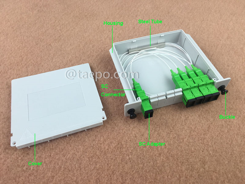 Imágenes ilustrativas del divisor de fibra óptica, PLC, tipo casete, G657A, 1x4, tubo holgado de 0,9 mm, con conector SC/APC, adaptador