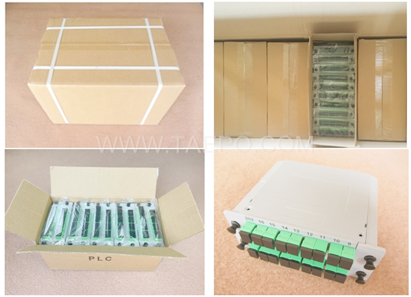 Fotos de embalaje del divisor de fibra óptica, PLC, tipo casete, G657A, 2x16, tubo suelto de 0,9 mm, con conector SC/APC
