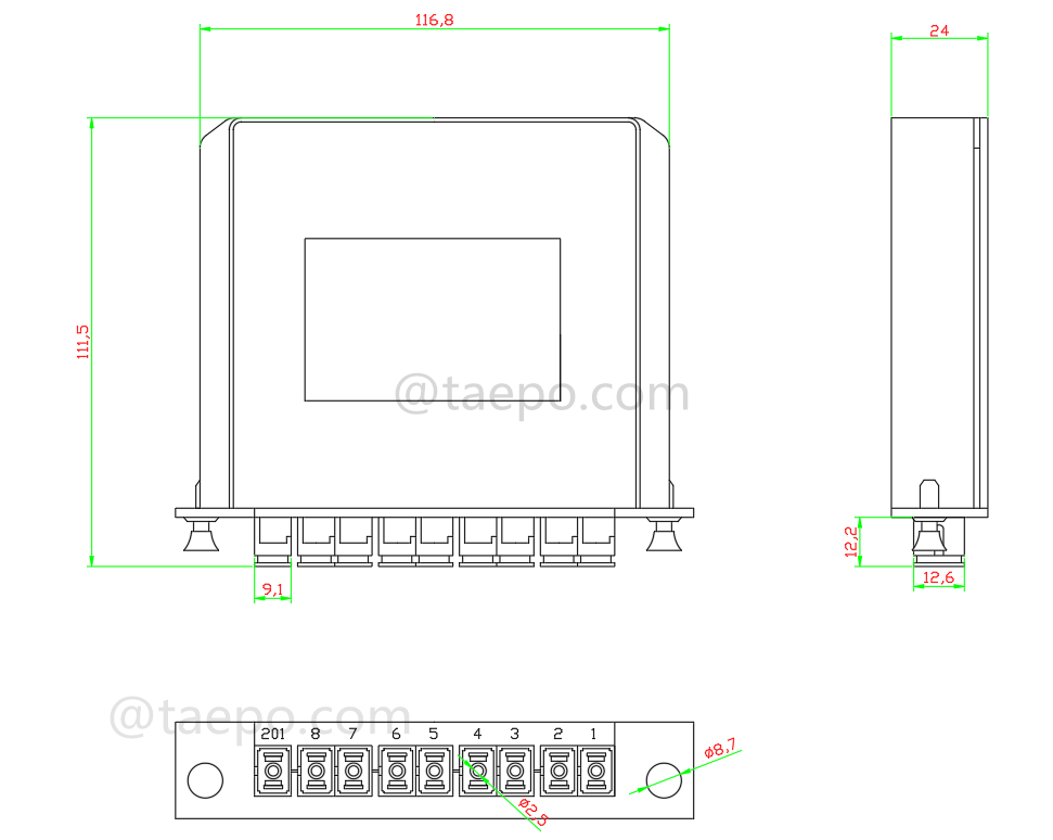 Dibujo del divisor de fibra óptica, PLC, tipo casete, G657A, 1x8, tubo holgado de 0,9 mm, con conector SC/APC, adaptador