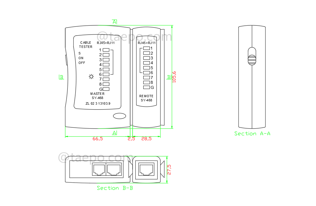 Plano del probador de cable de parche para RJ11/RJ45