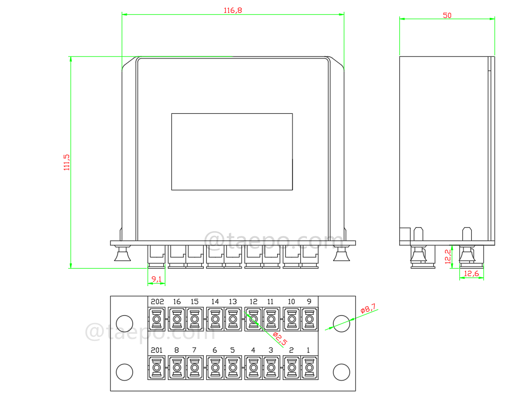 Dibujo del divisor de fibra óptica, PLC, tipo casete, G657A, 2x16, tubo suelto de 0,9 mm, con conector SC/APC