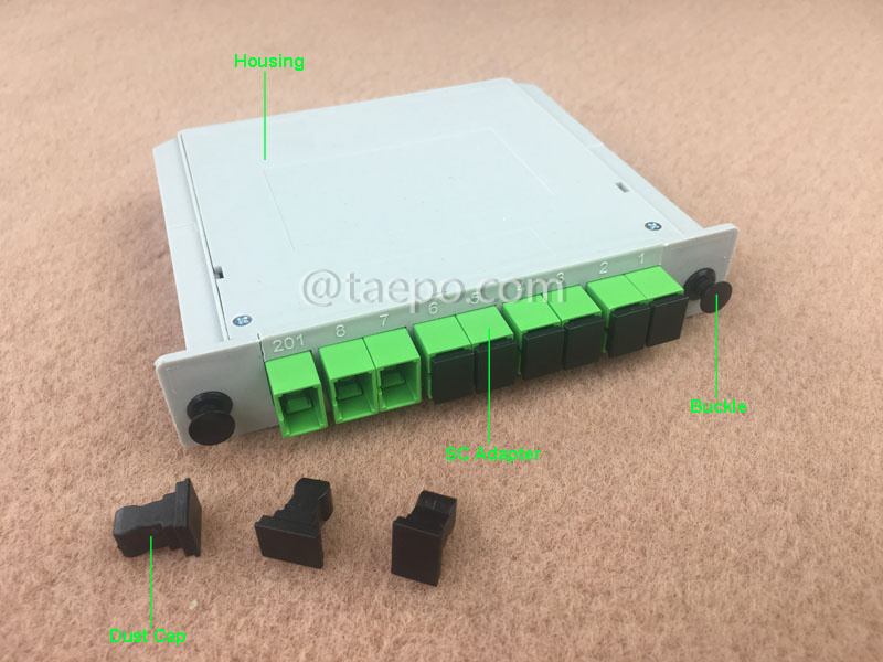 Imágenes ilustrativas del divisor de fibra óptica, PLC, tipo casete, G657A, 1x8, tubo holgado de 0,9 mm, con conector SC/APC, adaptador