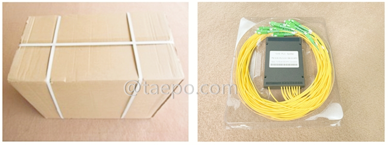 Imágenes del empaque del divisor de fibra óptica, PLC, carcasa de plástico, 1x16, con conector SC/APC