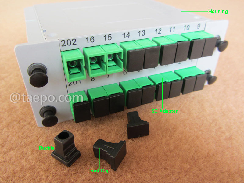 Ilustraciones del divisor de fibra óptica, PLC, tipo casete, G657A, 2x16, tubo suelto de 0,9 mm, con conector SC/APC