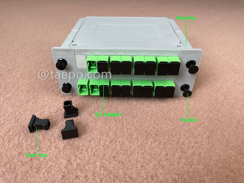 Ilustraciones del divisor de fibra óptica, PLC, tipo casete, G657A, 1x16, tubo suelto de 0,9 mm, con conector SC/APC