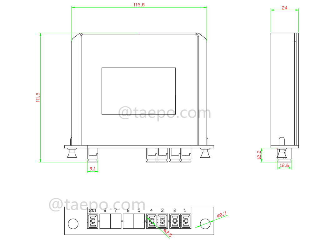 Dibujo del divisor de fibra óptica, PLC, tipo casete, G657A, 1x4, tubo holgado de 0,9 mm, con conector SC/APC, adaptador