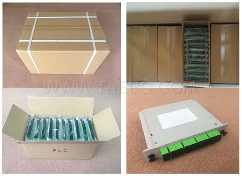 Imágenes de embalaje del divisor de fibra óptica, PLC, tipo casete, G657A, 1x8, tubo holgado de 0,9 mm, con conector SC/APC, adaptador