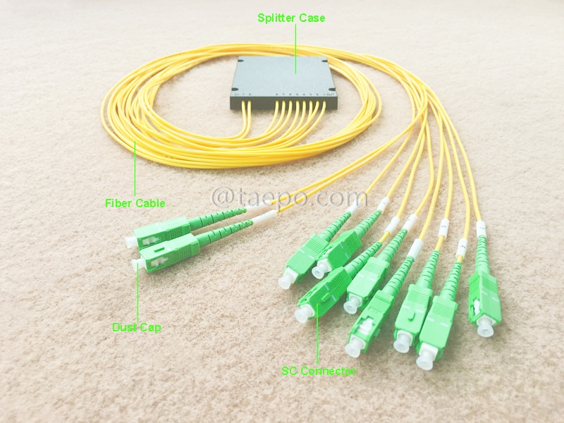 Imágenes ilustrativas del divisor de fibra óptica, PLC, carcasa de plástico, 2x8, con conector SC/APC
