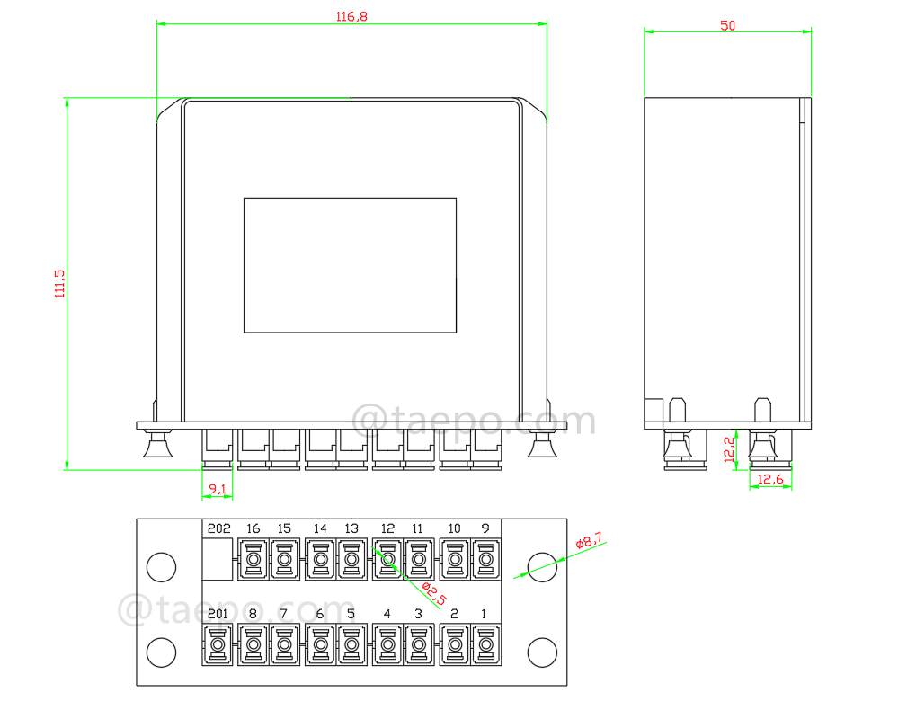 Dibujo del divisor de fibra óptica, PLC, tipo casete, G657A, 1x16, tubo suelto de 0,9 mm, con conector SC/APC