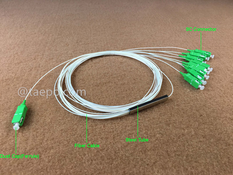 Imágenes ilustrativas del divisor de fibra óptica, PLC, tubo de acero, 1x8, con conector SC/APC