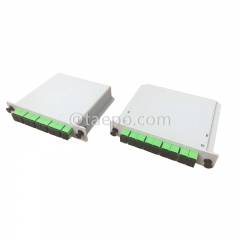 Divisor de fibra óptica, PLC, tipo casete, G657A, 1x8, tubo holgado de 0,9 mm, con conector SC/APC, adaptador
