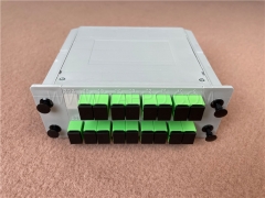 Divisor de fibra óptica, PLC, tipo casete, G657A, 1x16, tubo suelto de 0,9 mm, con conector SC/APC