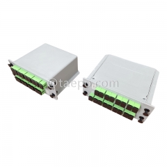 Divisor de fibra óptica, PLC, tipo casete, G657A, 1x16, tubo suelto de 0,9 mm, con conector SC/APC