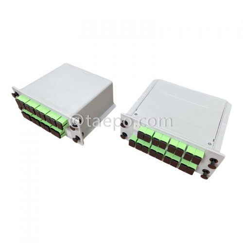 Divisor de fibra óptica, PLC, tipo casete, G657A, 1x16, tubo suelto de 0,9 mm, con conector SC/APC