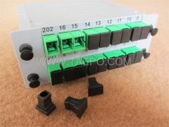 Divisor de fibra óptica, PLC, tipo casete, G657A, 2x16, tubo suelto de 0,9 mm, con conector SC/APC
