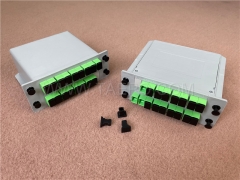 Divisor de fibra óptica, PLC, tipo casete, G657A, 1x16, tubo suelto de 0,9 mm, con conector SC/APC