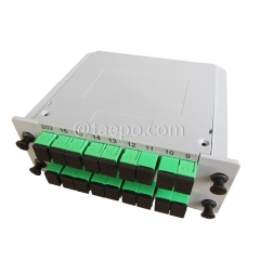 Divisor de fibra óptica, PLC, tipo casete, G657A, 2x16, tubo suelto de 0,9 mm, con conector SC/APC