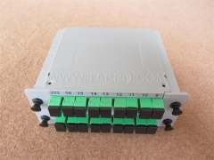 Divisor de fibra óptica, PLC, tipo casete, G657A, 2x16, tubo suelto de 0,9 mm, con conector SC/APC