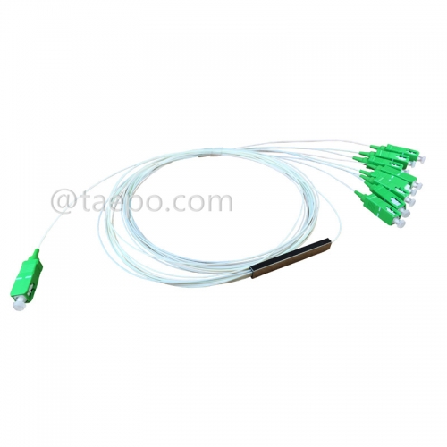 Divisor de fibra óptica, PLC, tubo de acero, G657A, 1x8, tubo suelto de 0,9 mm, 1 m, con conector SC/APC