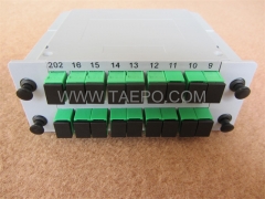 Divisor de fibra óptica, PLC, tipo casete, G657A, 2x16, tubo suelto de 0,9 mm, con conector SC/APC