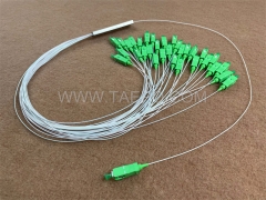 Divisor de fibra óptica, PLC, tubo de acero, G657A, 1x32, tubo suelto de 0,9 mm, 1 m, con conector SC/APC