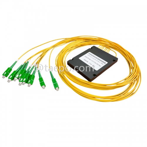 Divisor de fibra óptica, PLC, carcasa de plástico, G657A, 1x8, tubo suelto de 2 mm, 1 m, con conector SC/APC