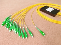 Divisor de fibra óptica, PLC, carcasa de plástico, G657A, 1x16, tubo suelto de 2 mm, 1 m, con conector SC/APC