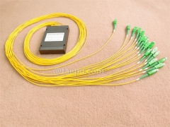 Divisor de fibra óptica, PLC, carcasa de plástico, G657A, 1x16, tubo suelto de 2 mm, 1 m, con conector SC/APC
