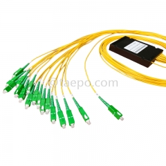 Divisor de fibra óptica, PLC, carcasa de plástico, G657A, 1x16, tubo suelto de 2 mm, 1 m, con conector SC/APC