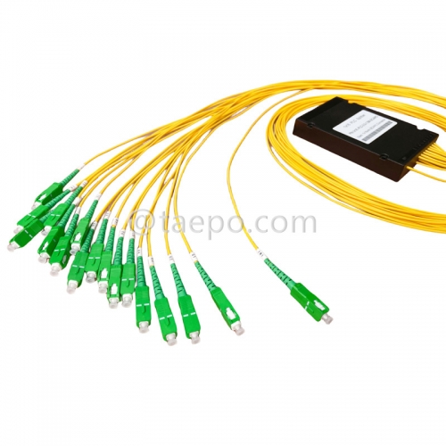 Divisor de fibra óptica, PLC, carcasa de plástico, G657A, 1x16, tubo suelto de 2 mm, 1 m, con conector SC/APC