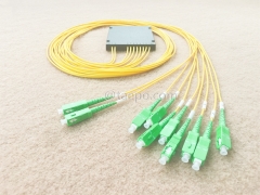 Divisor de fibra óptica, PLC, carcasa de plástico, G657A, 2x8, tubo suelto de 2 mm, 1 m, con conector SC/APC