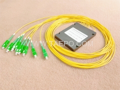 Divisor de fibra óptica, PLC, carcasa de plástico, G657A, 1x8, tubo suelto de 2 mm, 1 m, con conector SC/APC